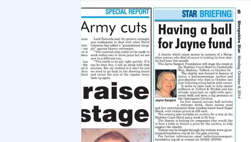 Charity Ball in Shropshire Star, October 2014